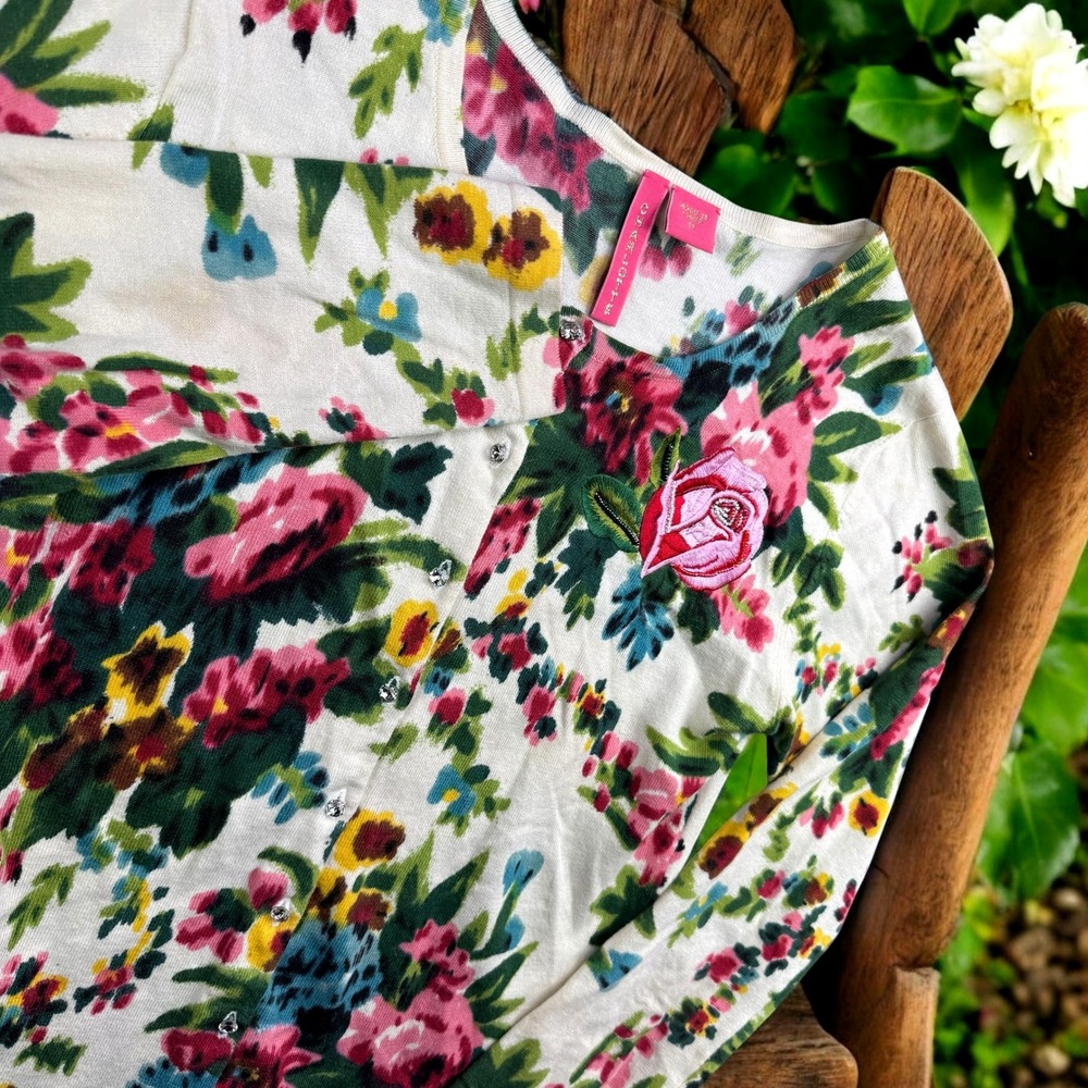 Charlotte Tarantola Cardigan Women M Ivory Floral Beaded Rose Cottagecore Shabby